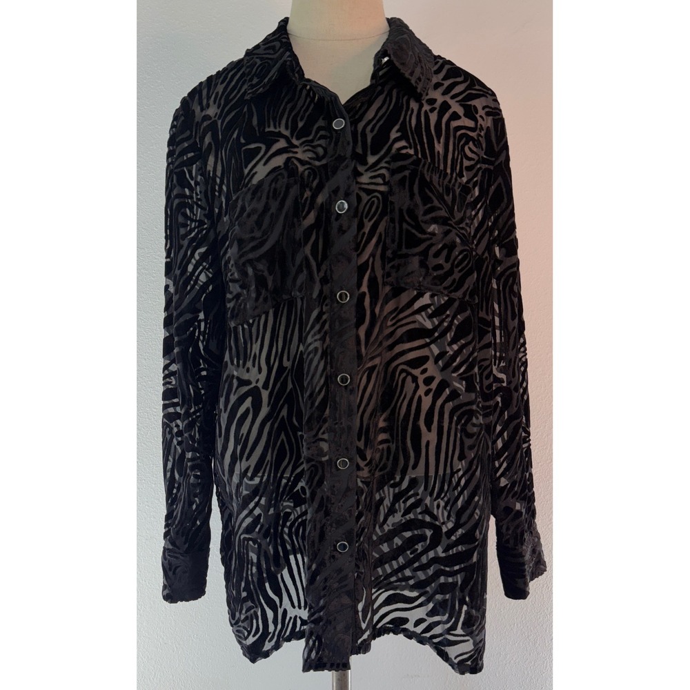 Y2K Black Burnout Velvet Zebra Print SemiSheer Button Down Top Large FairyGrunge